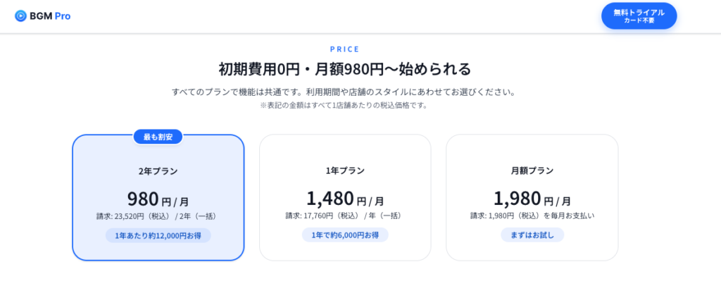 BGM Proの料金表